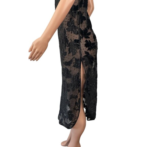Vintage Morgan Taylor Black Sheer Slip Dress SZ S Velvet Floral By Fantasies - Picture 2 of 16